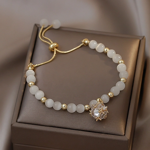Vintage French Beaded Bracelet Cat Eye Stone Alloy Zircon Pendant Adjustable Pull String Luxury Jewelry Women