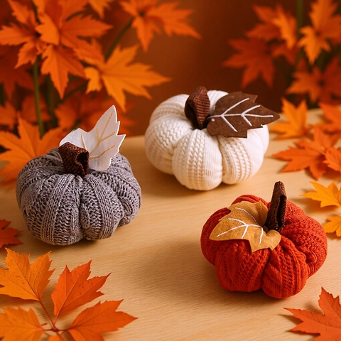 Knitted Pumpkin Ornaments Harvest Festival Decor Handmade Polyester Fabric Table Desktop For Thanksgiving Autumn Home Party