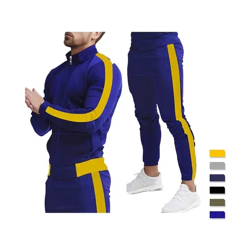 Men Sportswear Tracksuit Polyester Spandex Stand Collar Zipper Jacket And Cuffed Long Pants Slim Casual Athletic Outfit