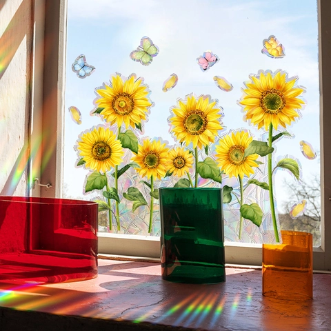 Zonnebloem Vlinder Raamstickers Regenboog Prisma Statische Glasstickers Holografische Zonvanger Film Voor Huisdecoratie