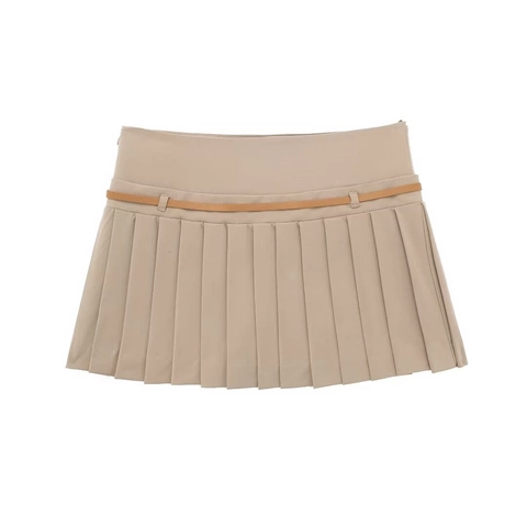 Women's High Waist Pleated Mini Skirt With Belt Solid Color Polyester Preppy Style Streetwear Sexy Slimming Short Skirt