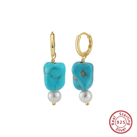 Pendientes Colgantes Bohemios Turquesa Perla Artificial Con Poste de Plata de Ley 925 Vintage Pendientes Mujer Joyería