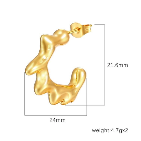 Boucles D'Oreilles Irrégulières En Forme De C Acier Inoxydable Plaqué Or 18K Texture Lave Métal Liquide Chic Pour Femmes
