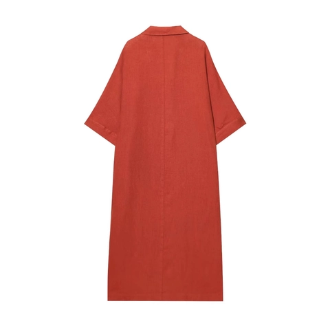 Dames Maxi Jurk Linnen Katoen V-Hals Korte Mouwen Los Casual Effen Kleur Zak Elegant