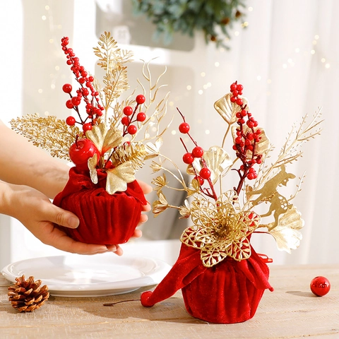 Decorazione Natalizia Rami Di Bacche Artificiali Foglia Di Ginkgo Dorata Base In Velluto Rosso Arredo Tavola Festivo