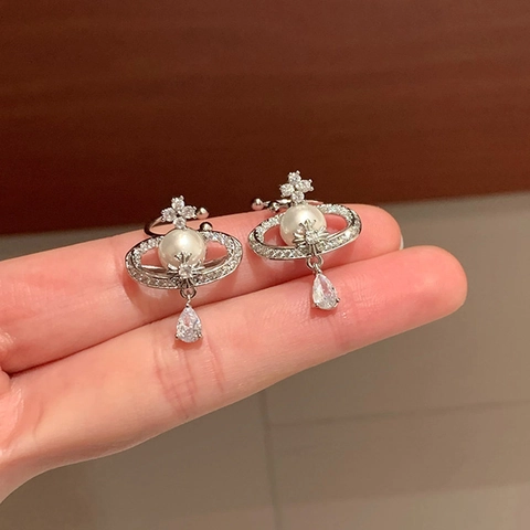 Planeet Saturnus Ear Cuff Met Imitatieparel Zirkoon Waterdruppel Hanger Clip Oorbellen Voor Dames
