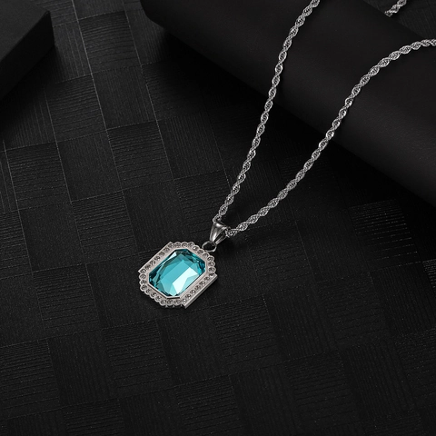 Hip Hop Blau Rechteck Saphir Anhänger Halskette Edelstahl Iced Out Strass Streetwear Schmuck Für Herren Damen