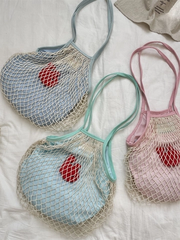 Women Woven Fishnet Mesh Shoulder Bag Polyester Cotton Hollow Out Beach Vacation Tote With Cloth Inner Cute Decor Large Capacity