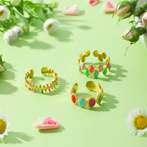 Bunter Emaille Offener Verstellbarer Ring Edelstahl Vergoldet Geometrische Blattkette Modeschmuck Für Damen