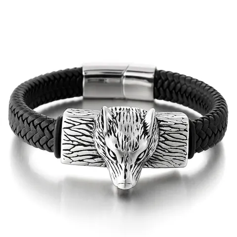 Wolf Head Bracelet Men Stainless Steel Braided Leather Bangle Punk Viking Animal Jewelry With Magnetic Clasp