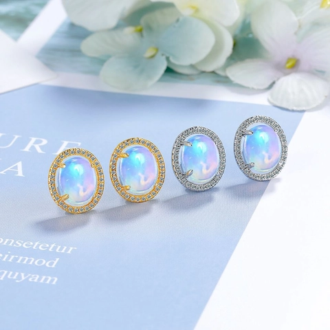 Vintage Oval Artificial Opal Stud Earrings For Women Copper Rhinestone Halo Inlaid Elegant Commuter Jewelry Birthday Gift