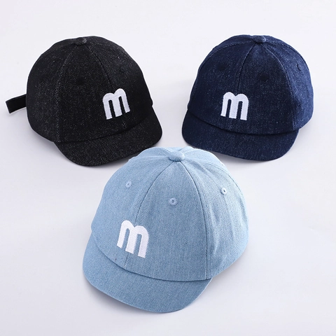 Kids Denim Baseball Cap Letter M Embroidery Short Brim Adjustable Cotton Toddler Sunshade Hat Soft Top Streetwear