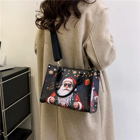 Borsa Tote Stampa Babbo Natale Pelle PU Natale Borsa A Mano Festiva Grande Capacità Borsa A Tracolla Moda Donna