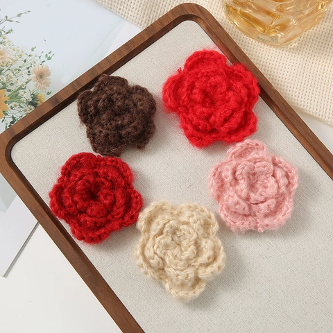 Handmade Crochet Flower Yarn Acrylic Rose Layered DIY Accessory For Clothing Hair Decor