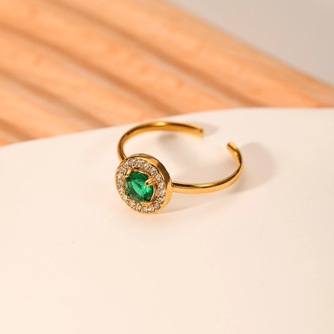 Adjustable Stainless Steel Ring 18K Gold Plated Round Emerald Green Cubic Zirconia Halo Elegant Jewelry For Women