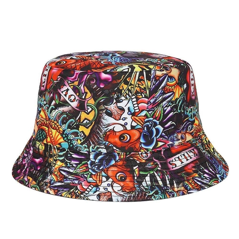 Gorro de Pescador de Algodón Estampado Unisex Streetwear Estilo Tatuaje Protección Solar Gorro de Pescador Retro Graffiti Outdoor Panamá para Mujeres Hombres