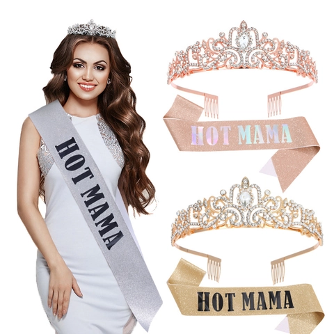 Hot Mama Mother's Day Party Accessories Alloy Rhinestone Tiara Crown And Glitter Sash For Women
