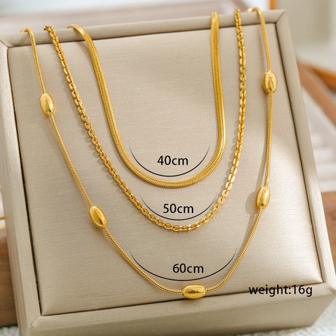 Collar Minimalista de Acero Inoxidable de Tres Capas para Mujer Cadena de Serpiente Chapada en Oro con Cuentas de Metal Joyería de Moda