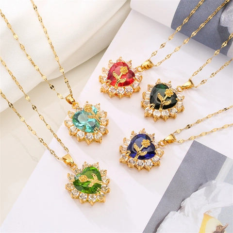 Collana Pendente Cuore Rame Con Fiore Rosa Micro Pavé Zircone Cristallo Per Donne Gioielli Romantici