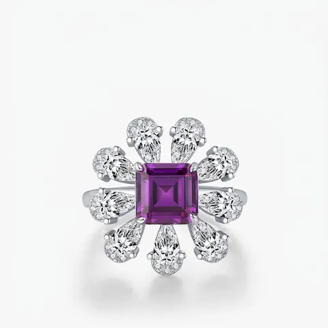 Sparkling Flower Ring 925 Sterling Silver Square Purple Zirconia Pear Shape Clear Stones Elegant Jewelry For Women