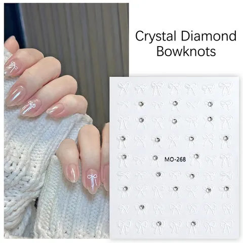Nail Art Stickers Relief Bowknot Design Crystal Rhinestones Adhesive DIY Manicure Decals Elegant French Style