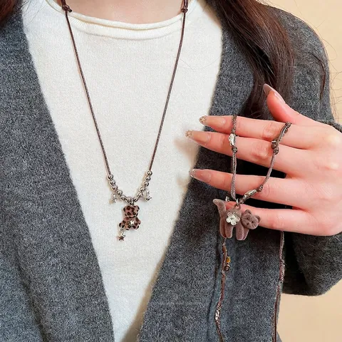 Retro Beflockter Tieranhänger Halskette Lange Geflochtene Seil Pulloverkette Legierungsperlen Tigerauge Stil Schmuck