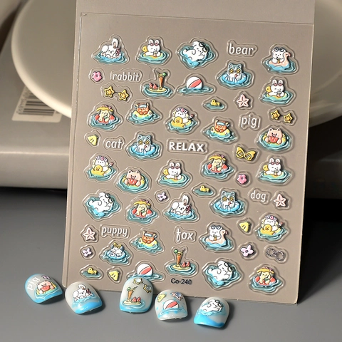 Autocollants De Nail Art En Relief 5D Été Pool Party Animaux De Dessin Animé Décoration De Manucure