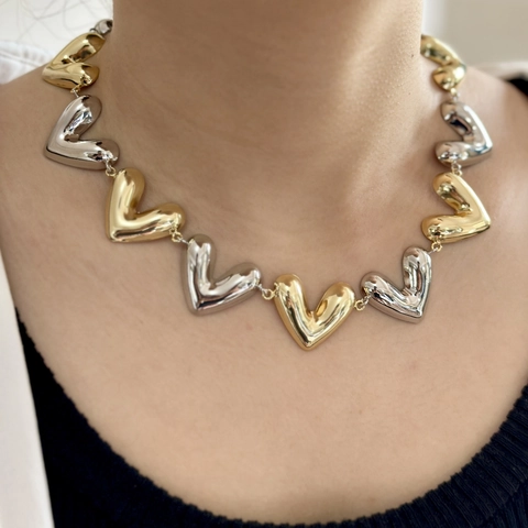 Vintage Kupfer Puffy Herz Halskette Gold Und Silber Plattiert Hochglanzpoliert Clavicle Kette Trendiger Schmuck Damen