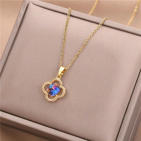 Stainless Steel Four Leaf Clover Heart Of Ocean Necklace For Women Gold Plated Colorful Rhinestone Pendant Clavicle Chain Jewelry