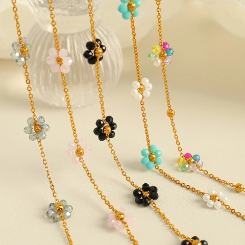 Stainless Steel Jewelry Necklace And Bracelet For Women Colorful Crystal Flower Daisy Pattern Fashion Chic Accessories