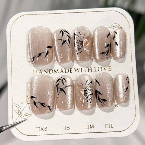 Nude Cat Eye Press On Nails With 3D Butterfly And Bamboo Leaf Pattern Glitter Handmade False Nails For Women