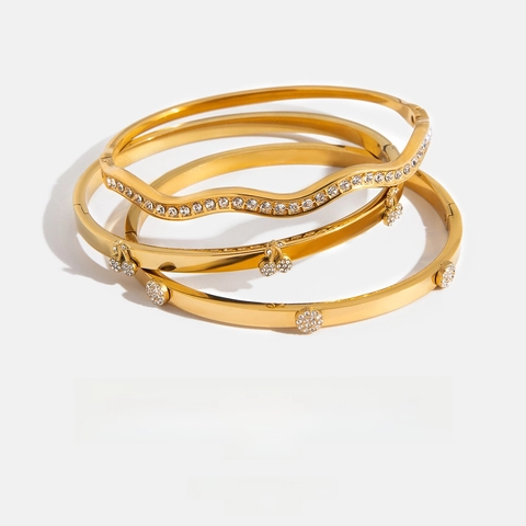 Bracciale Rigido In Acciaio Inossidabile Placcato Oro 18K Da Donna Motivo A Onde Con Strass Gioielli Impermeabili