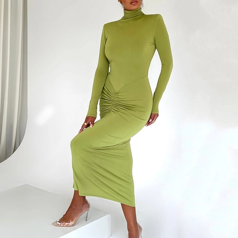 Abito Maxi A Maniche Lunghe Collo Alto Vita Arricciata Bodycon Tinta Unita Elegante Sexy Donna
