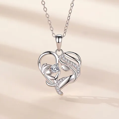 Collar Con Colgante de Corazón de Madre e Hijo de Plata de Ley 925 Con Circonia Mom Love Joyería Regalo Para El Día De La Madre Mujer