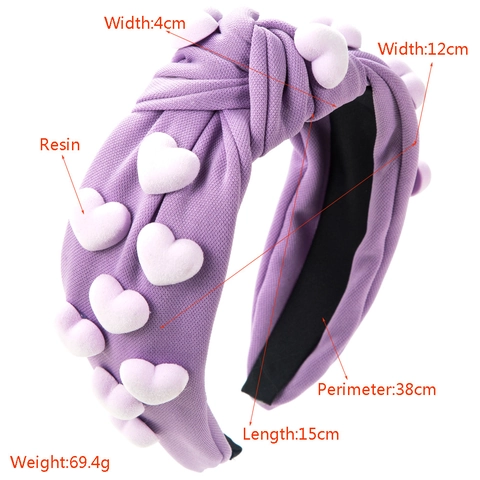 Diadema de Tela Ancha Anudada para Mujer Dulce Decoración de Corazón Flocado de Resina Color Sólido Accesorios para el Cabello