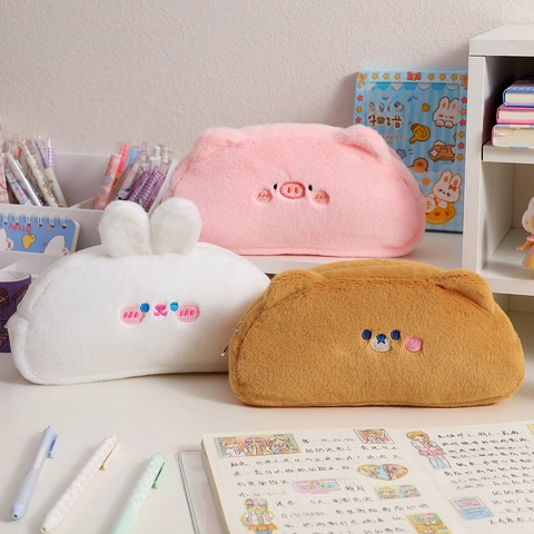 Trousse En Peluche Motif Animaux Dessins Animés Grande Capacité Sac De Rangement Fournitures Scolaires Pochette Douce Filles