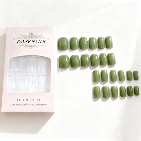 Glänzend Salbeigrün Aufpressnägel Kurze Quadratische Form Künstliche Falsche Nägel Für Frauen Tägliche Maniküre DIY Zubehör