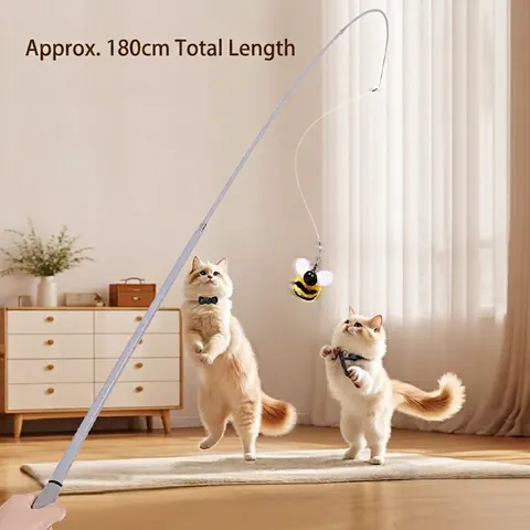 Retractable Cat Teaser Wand Interactive Fishing Rod Toy With Fiberglass Pole And Plush Bee Bell For Indoor Exercise