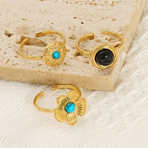 Vintage Flower Turquoise Open Rings 18K Gold Plated Stainless Steel Adjustable Bohemian Water Wave Disk Jewelry For Women