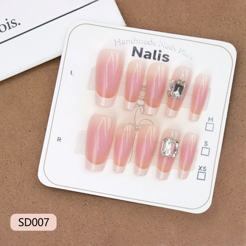 French Tip Press On Nails Nude Pink Ombre With Square Rhinestone ABS Artificial Fingernails For Women