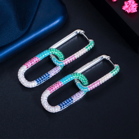 Geometric Interlocking Chain Link Hoop Earrings Copper 18K Gold Plated Micro Paved Colorful Cubic Zirconia Women Jewelry