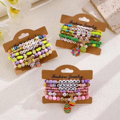Handmade Colorful Polymer Clay Beaded Bracelet Easter Rabbit Carrot Enamel Pendant Earrings Jewelry Happy Easter Spring Letter Jewelry