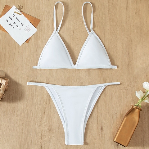 Women Bikini Ribbed Polyester Two Piece Swimsuit Halter Triangle Top High Cut Bottom Beach Sexy White