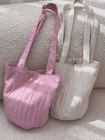 Pleated Bucket Bag Women Polyester Solid Color Vertical Quilted Shoulder Tote Handbag Minimalist Casual Lightweight