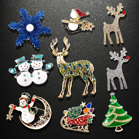 Vintage Alloy Christmas Brooch For Women Men Reindeer Santa Claus Snowman Snowflake Rhinestone Enamel Pin Holiday Jewelry Gift