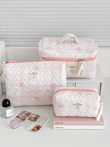 Trousse Maquillage Coton Matelassé Coeur Floral Noeud Grande Capacité Organisateur Toilette Style Coréen Pour Femmes