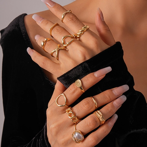 Anelli Geometrici Irregolari Lega Imitazione Perla Artificial Aperto Regolabile Catena Cava Vintage Estetica Minimalista Per Donne