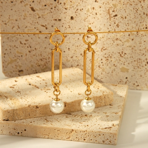 Stainless Steel Artificial Pearl Long Drop Earrings For Women Geometric Link Chain Gold Plated Fashion Jewelry