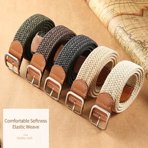 Woven Elastic Belt With Alloy Pin Buckle And Leather Ends Hole Free Adjustable Stretch Canvas Casual Waistband Unisex