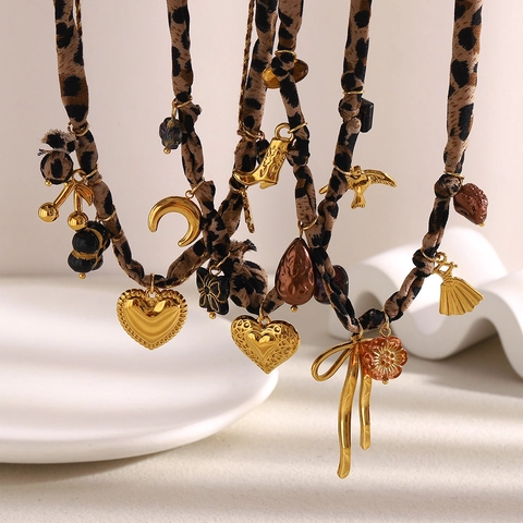 Stainless Steel 18K Gold Plated Leopard Print Fabric Necklace Multiple Charms Heart Moon Butterfly For Women Fashion